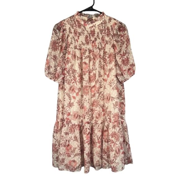 Eliza J Cream & Mauve Pink Short Sleeve Retro Mock Neck Dress Women Sz 6 - Picture 1 of 12